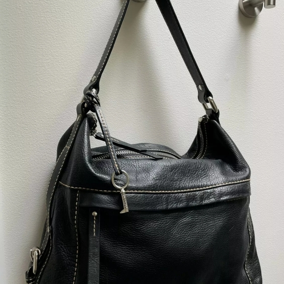 Fossil Handbags - Fossil Black Pebbled Leather Hobo Satchel Tote Bag with Silver Key Charm